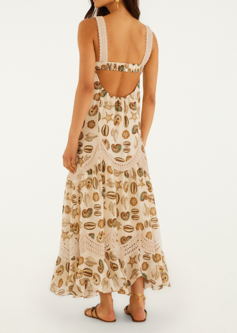 FARM Rio Marine Shells Sand Crochet Bust Maxi Dress
