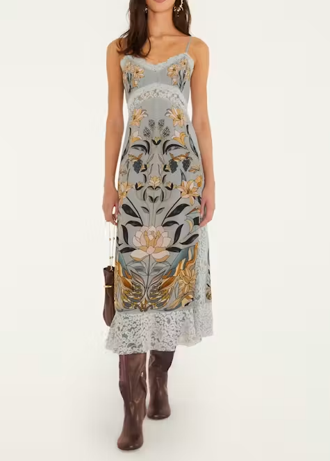 FARM Rio Stained Glass Beauty Soft Blue Slip Midi Dress