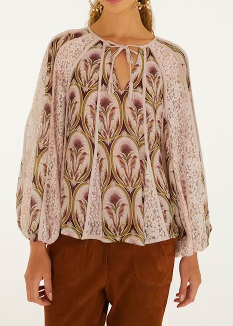 FARM Rio Birds Tree Garden Medal Mix Long Sleeve Blouse