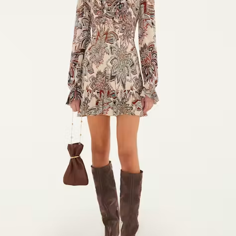 FARM Rio Tapestry Flowers Beige Long Sleeves Mini Dress