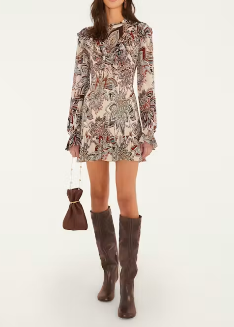 FARM Rio Tapestry Flowers Beige Long Sleeves Mini Dress