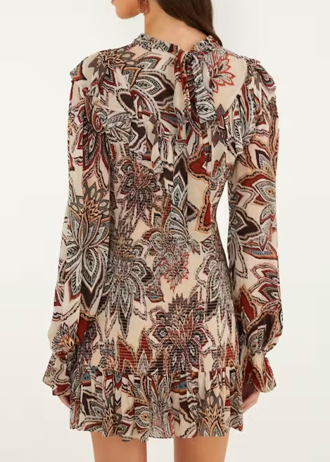 FARM Rio Tapestry Flowers Beige Long Sleeves Mini Dress