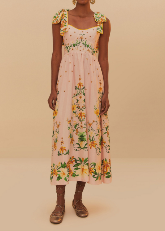 FARM Rio Botanical Beauty Pink Laces Cup Midi Dress