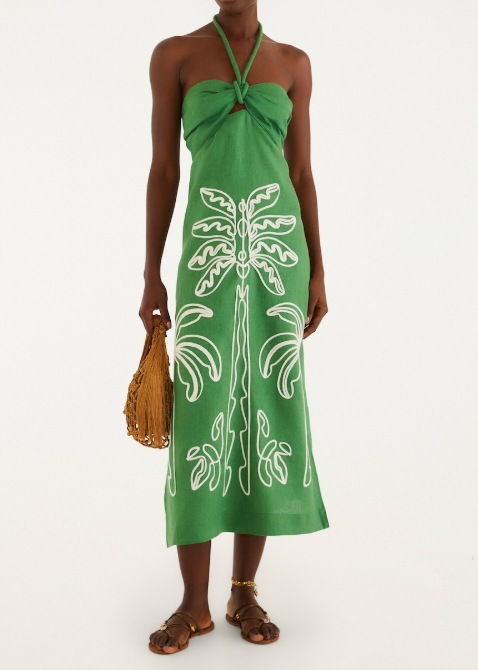 FARM Rio Green Palm Tree Embroidery Sleeveless Midi Dress