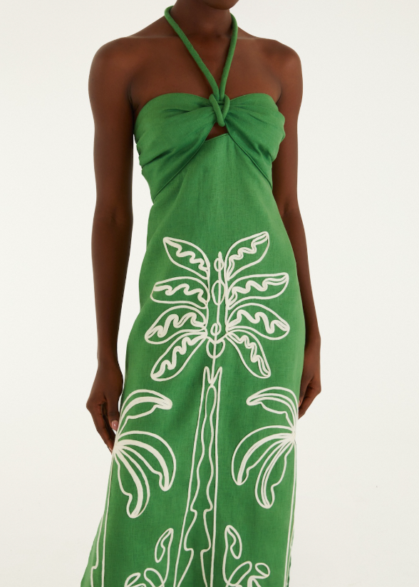 FARM Rio Green Palm Tree Embroidery Sleeveless Midi Dress