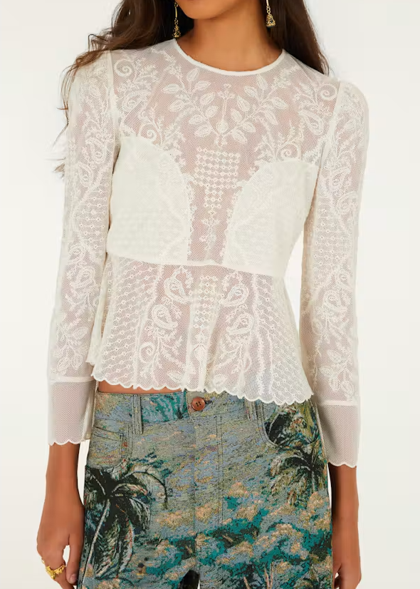 FARM Rio Embroidered Tulle Long Sleeve Blouse | Off-White