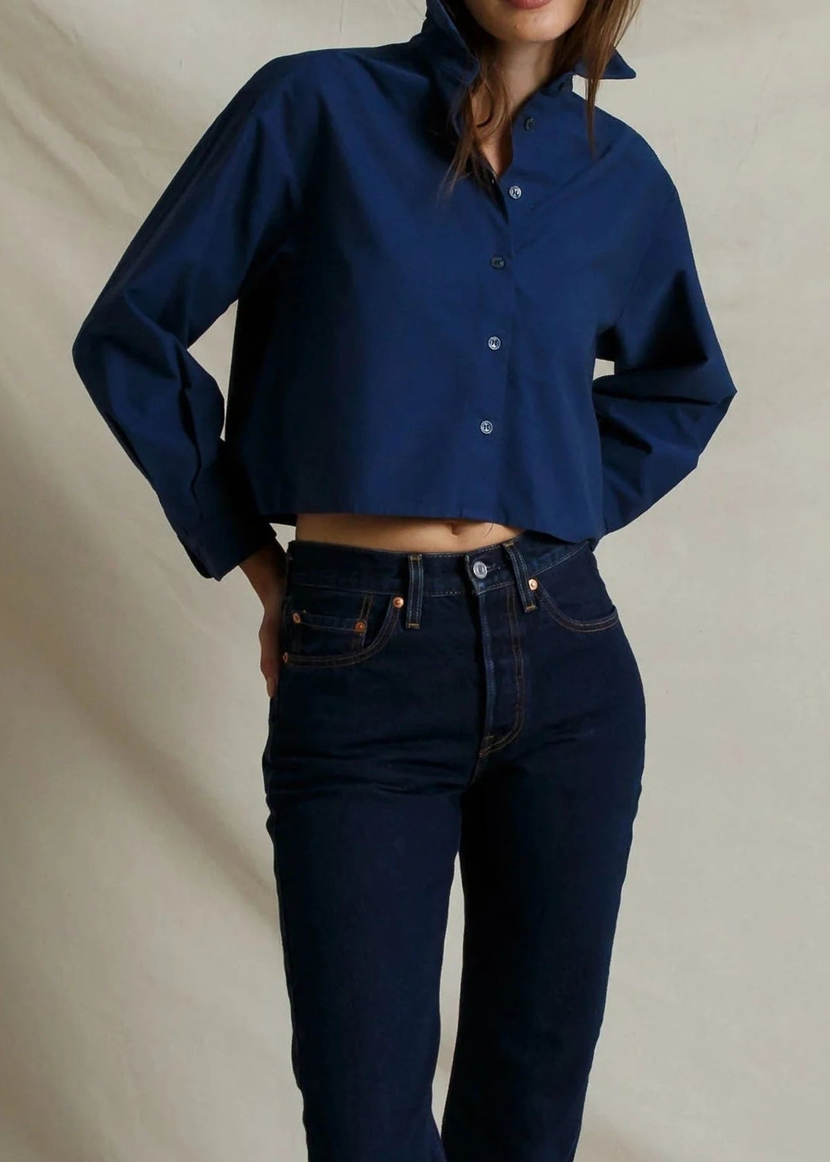 Perfect White Tee Naomi Poplin Long Sleeve Cropped Button Up | Navy