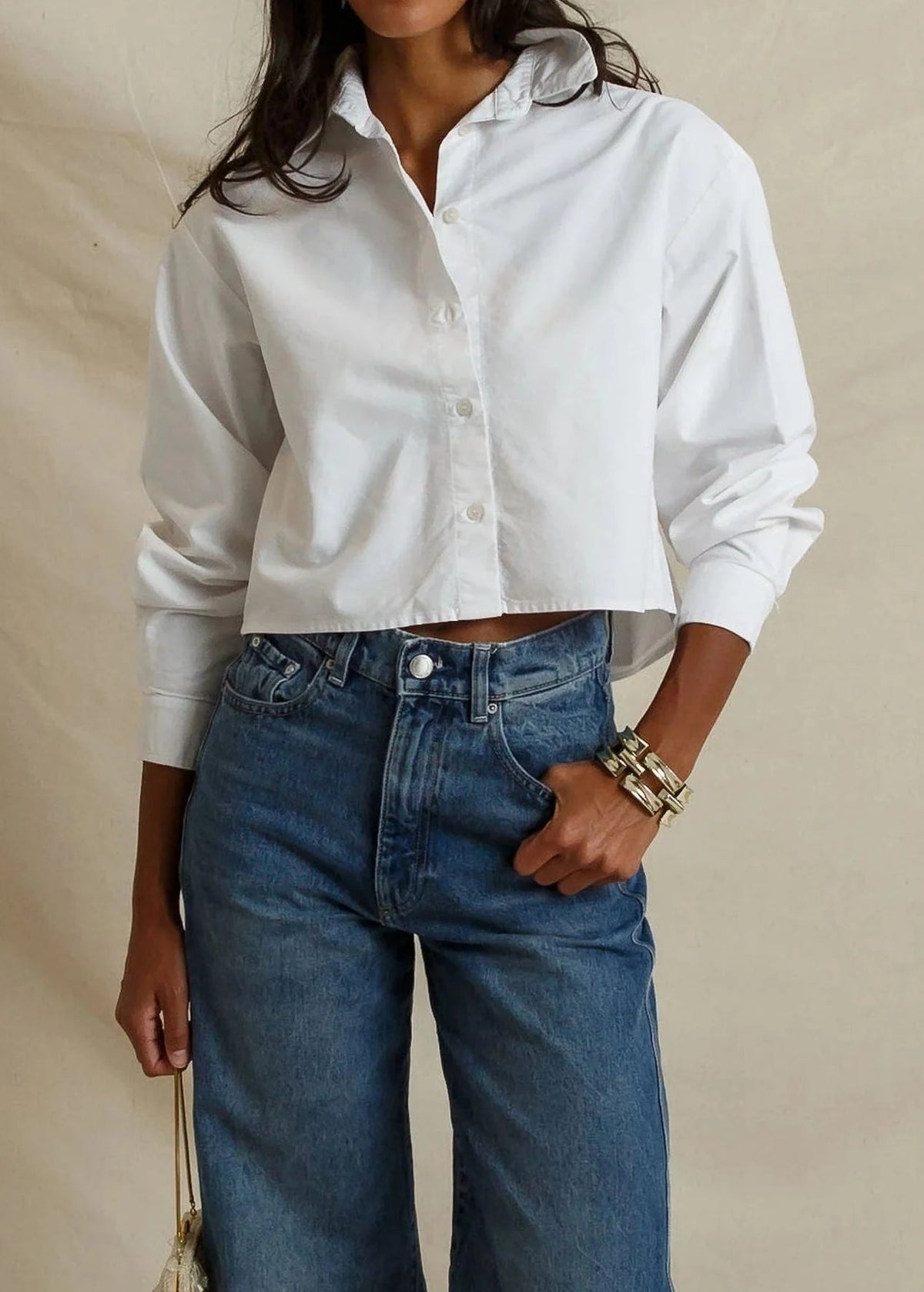 Perfect White Tee Naomi Oxford Cotton Long Sleeve Cropped Button Up | White