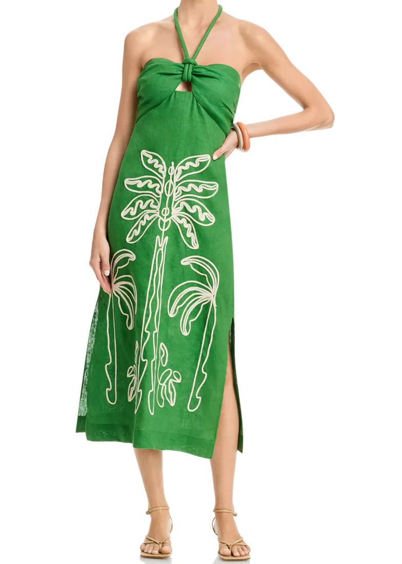 FARM Rio Green Palm Tree Embroidery Sleeveless Midi Dress
