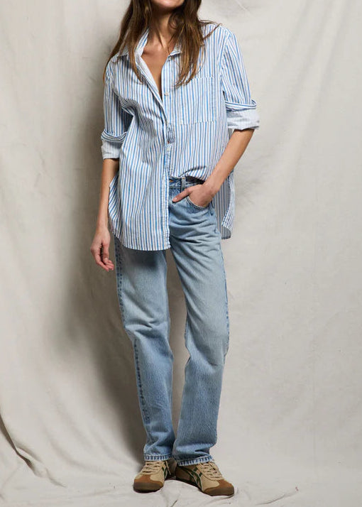 Perfect White Tee Avalon Poplin Button Down | Pacific Blue Stripe