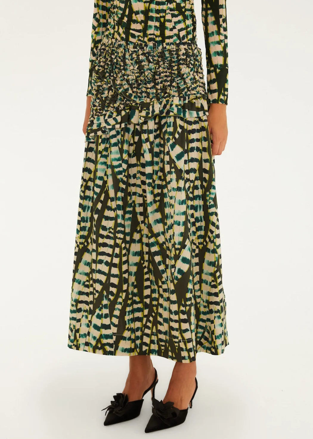 FARM Rio Striped Leaves Moss Green Midi Skirt