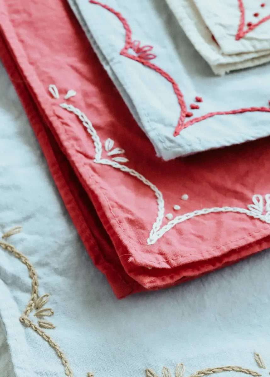 Eloise et Moi Hand Embroidered Rodeo Cotton Bandana Hand Dyed | Red/Cream Thread