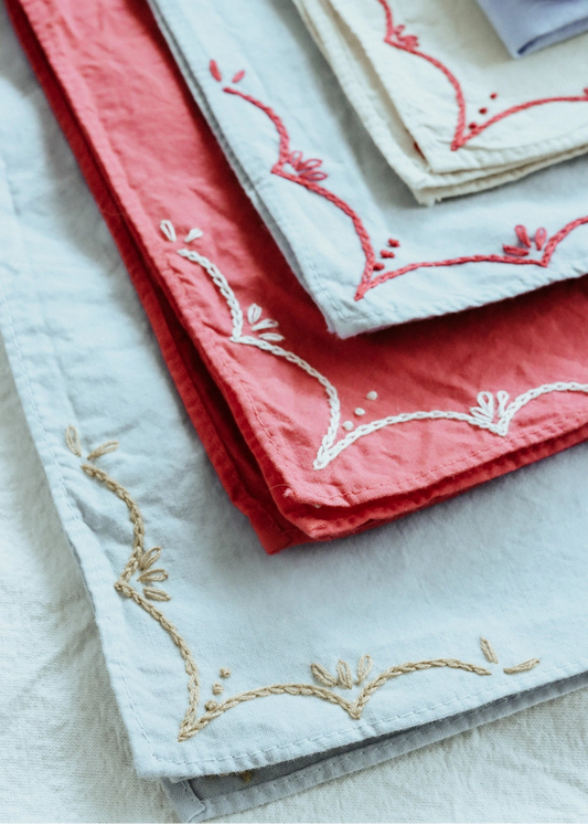 Eloise et Moi Hand Embroidered Rodeo Cotton Bandana Hand Dyed | Sky/Red Thread