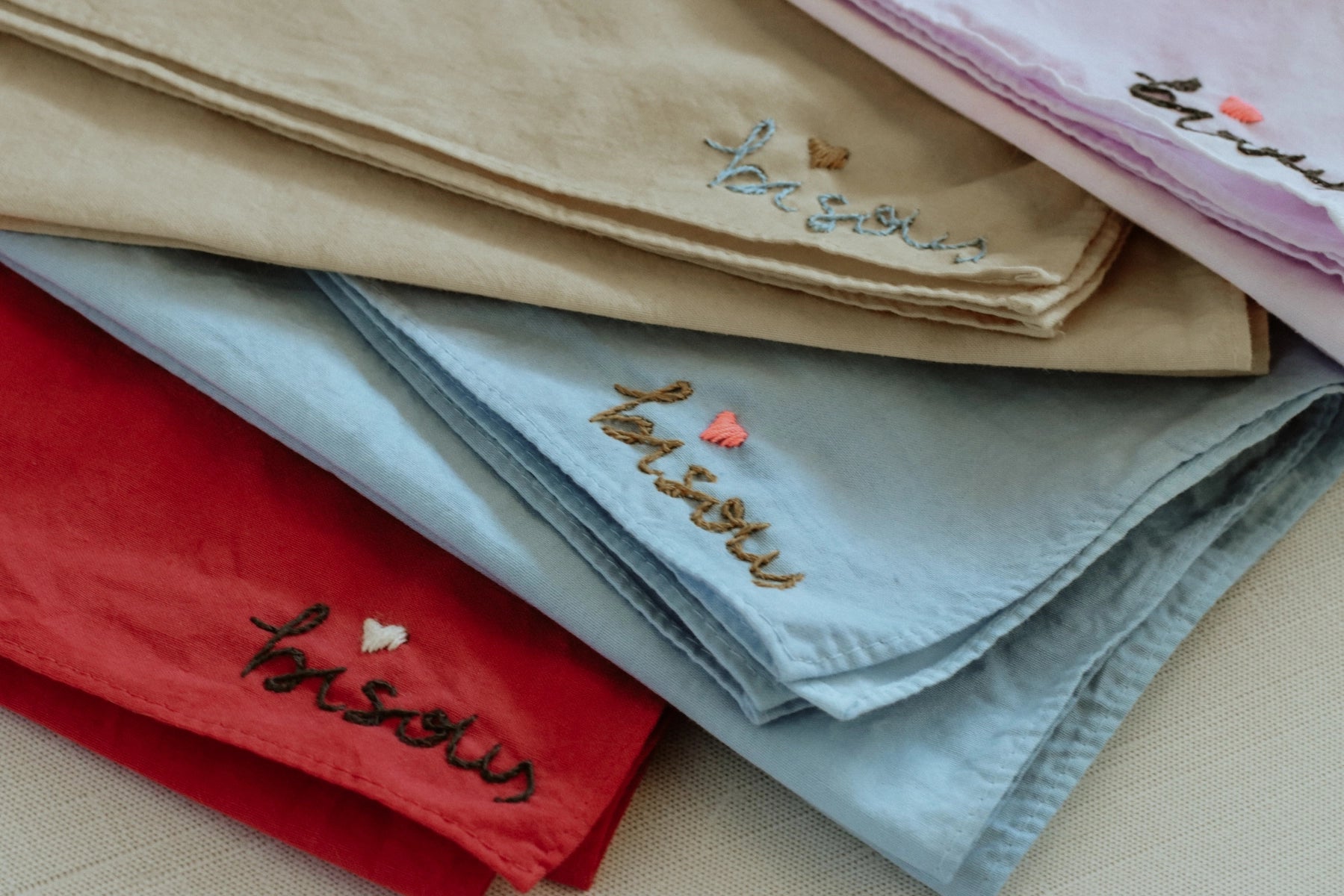 Eloise et Moi Hand Embroidered Bisous Cotton Bandana Hand Dyed | Red/Gray/Cream