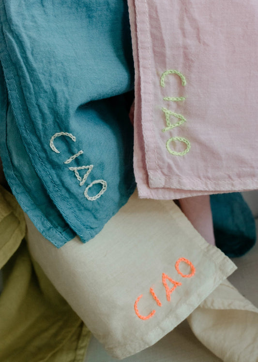 Eloise et Moi Hand Embroidered Organic Cotton Bandana Ciao Bandana | Sand/Neon Pink
