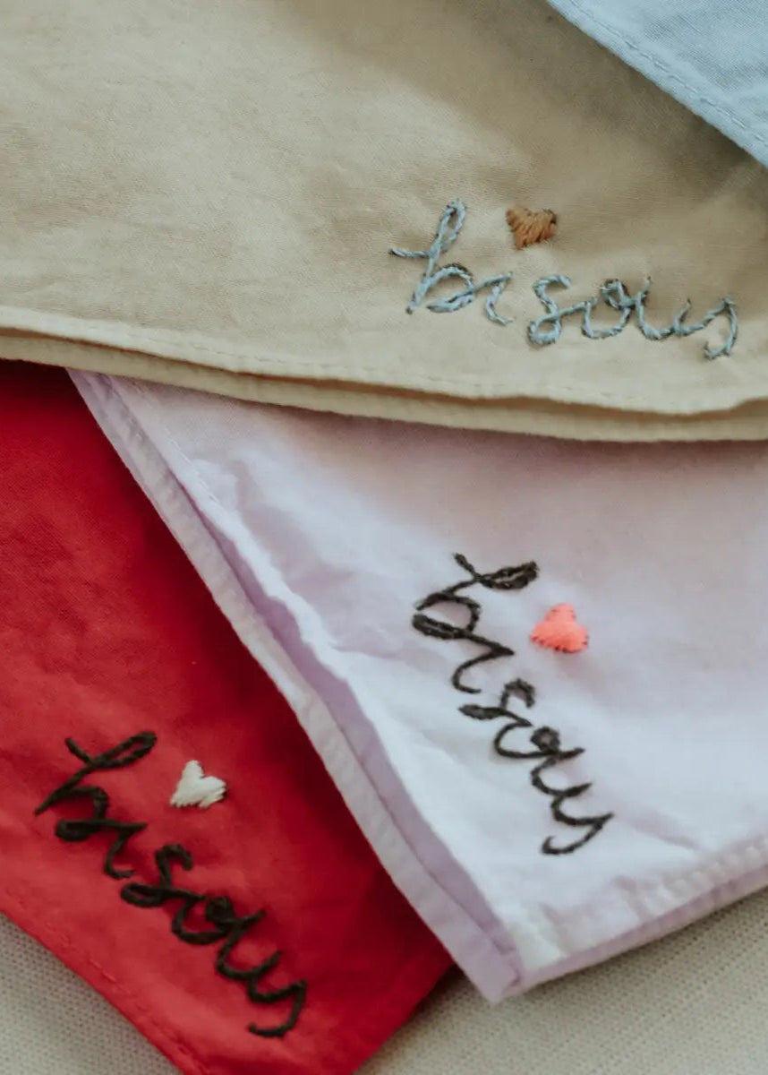 Eloise et Moi Hand Embroidered Bisous Cotton Bandana Hand Dyed | Red/Gray/Cream