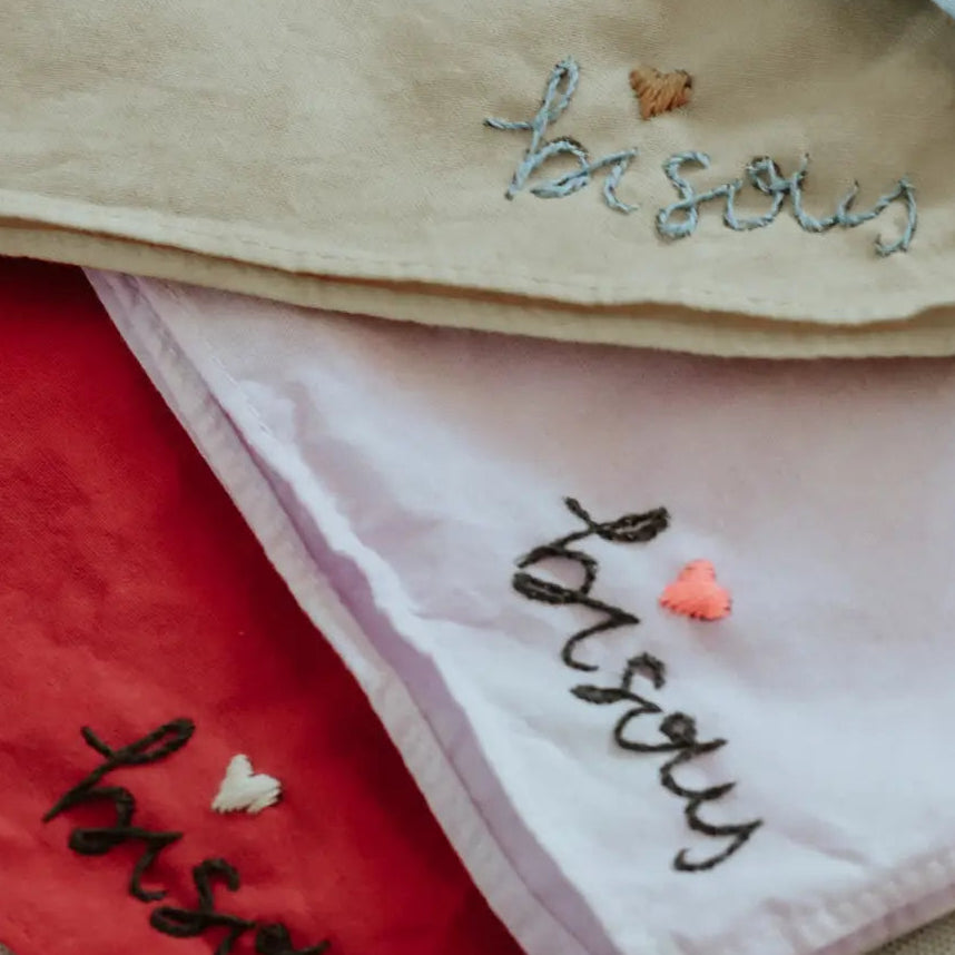 Eloise et Moi Hand Embroidered Bisous Cotton Bandana Hand Dyed | Red/Gray/Cream