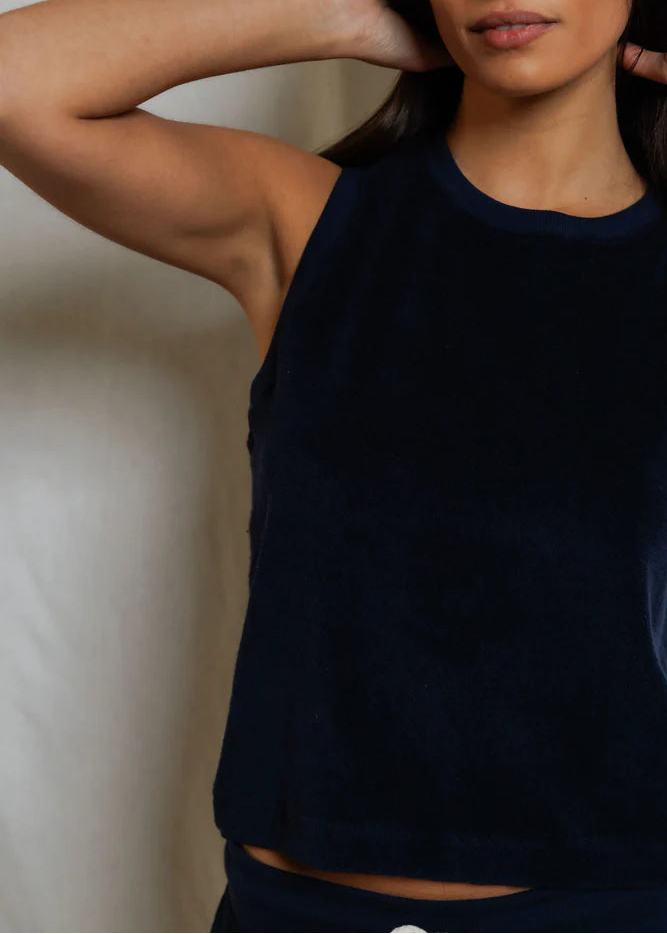 Perfect White Tee Esther Loop Terry Mock Neck Tank | Navy