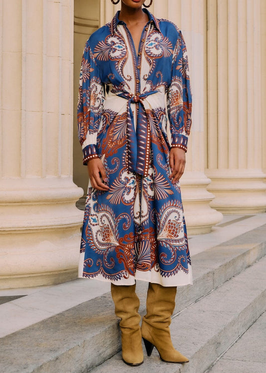 FARM Rio Arabesque Scarf Blue Midi Dress