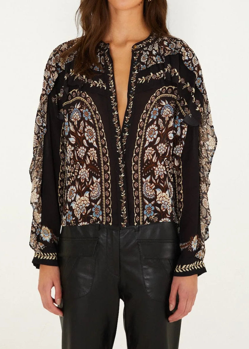 FARM Rio Daniela Long Sleeve Ruffled Blouse | Black