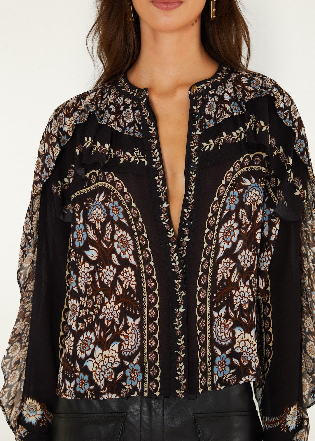 FARM Rio Daniela Long Sleeve Ruffled Blouse | Black