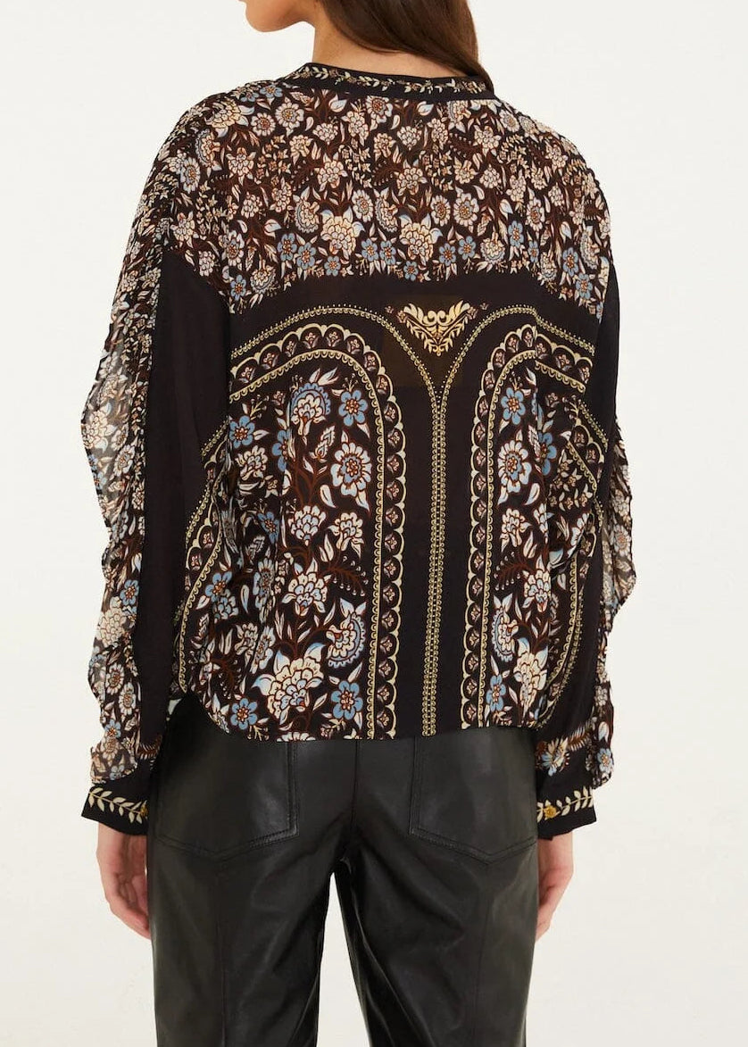 FARM Rio Daniela Long Sleeve Ruffled Blouse | Black