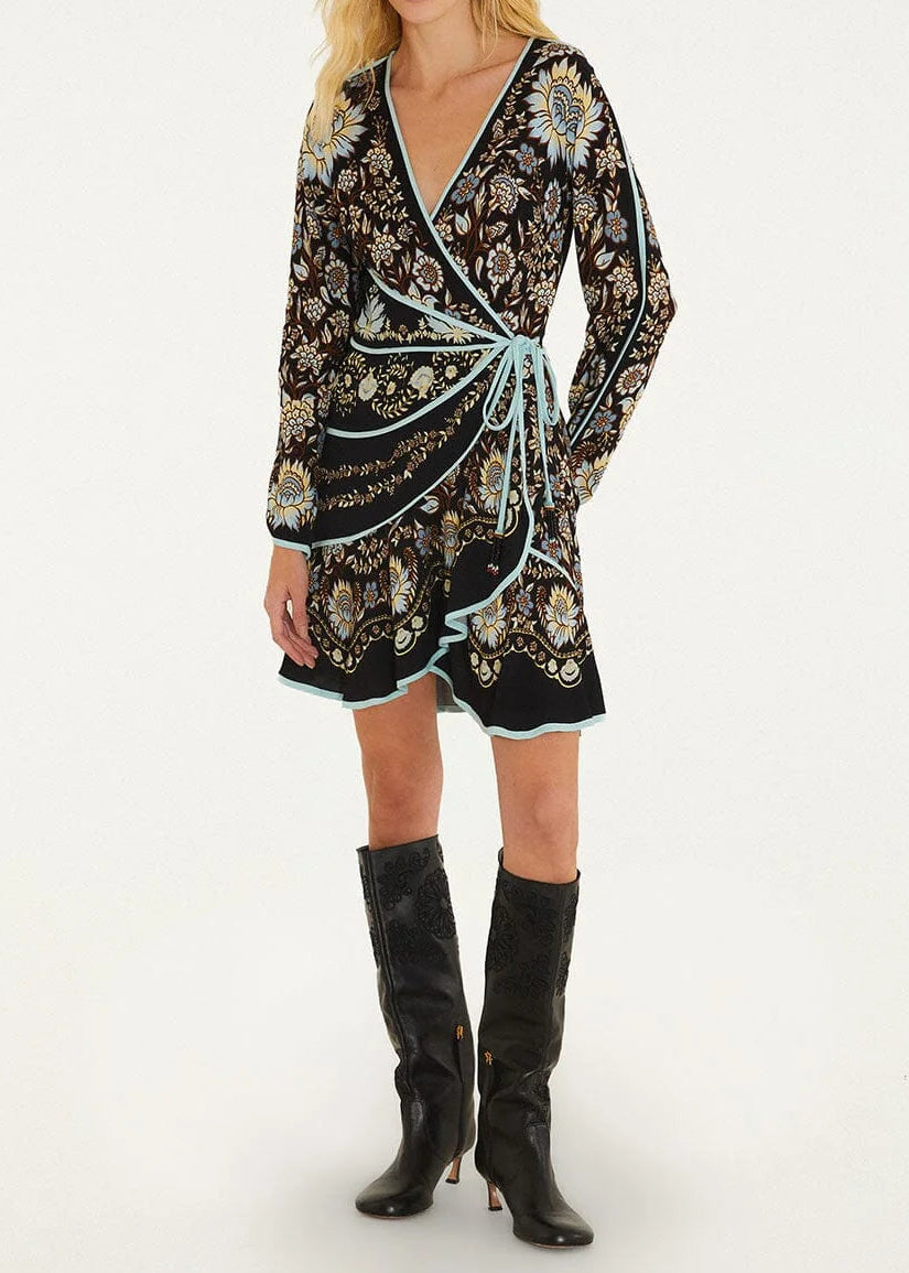 FARM Rio Daniela Long Sleeve Wrap Mini Dress | Black