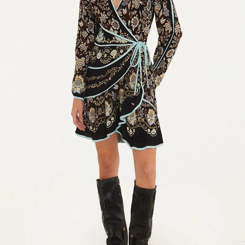 FARM Rio Daniela Long Sleeve Wrap Mini Dress | Black