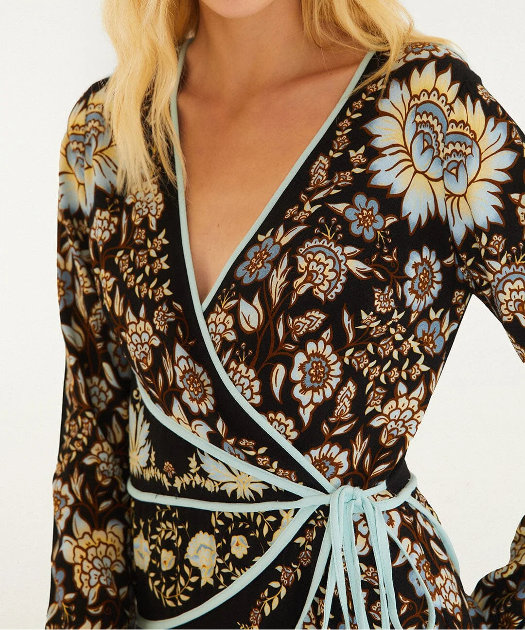 FARM Rio Daniela Long Sleeve Wrap Mini Dress | Black