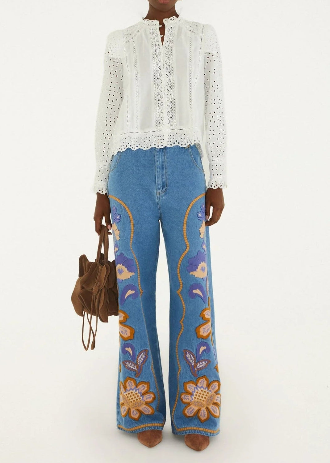 FARM Rio Eyelet Long Sleeve Blouse | Off-White