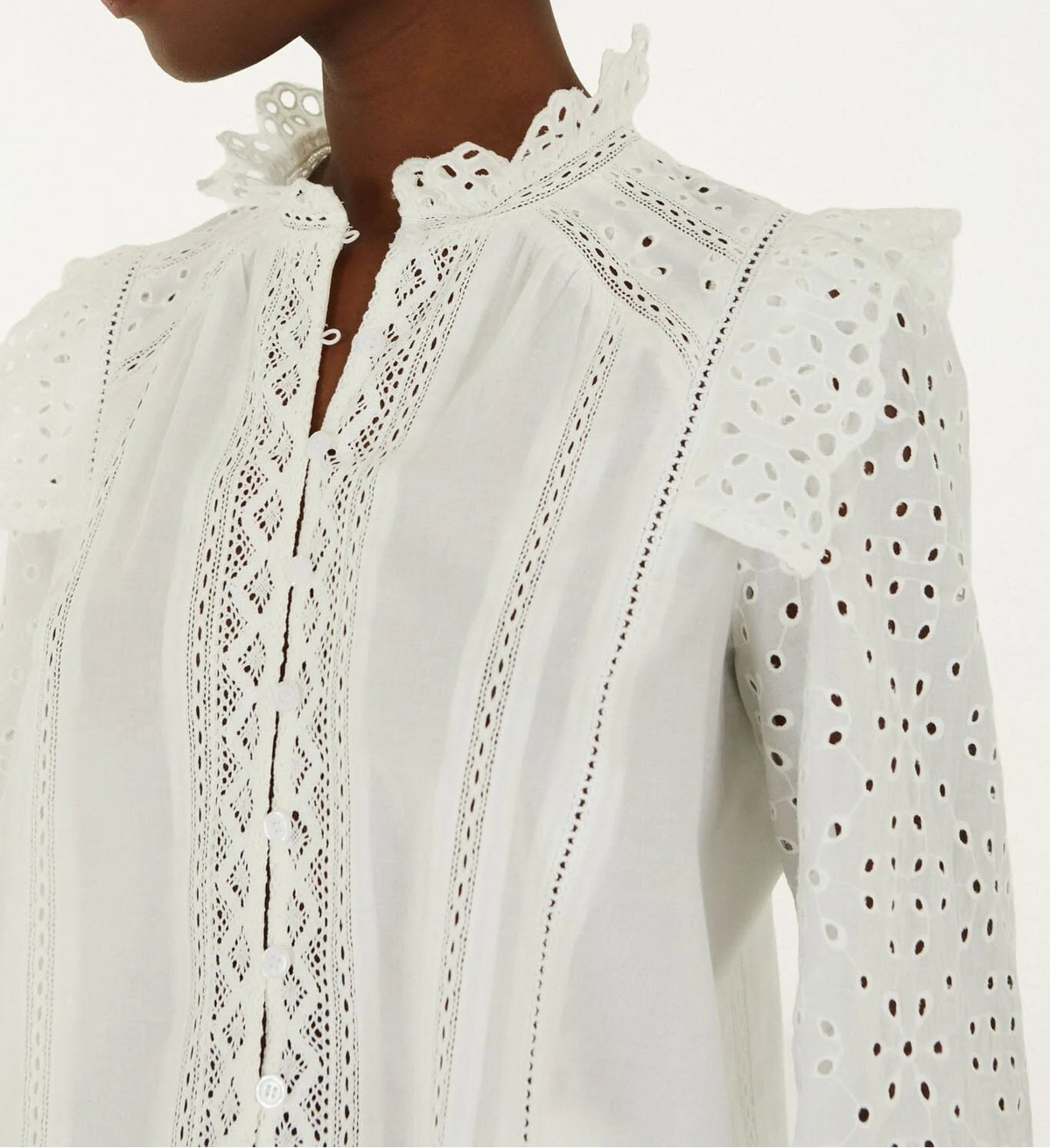 FARM Rio Eyelet Long Sleeve Blouse | Off-White