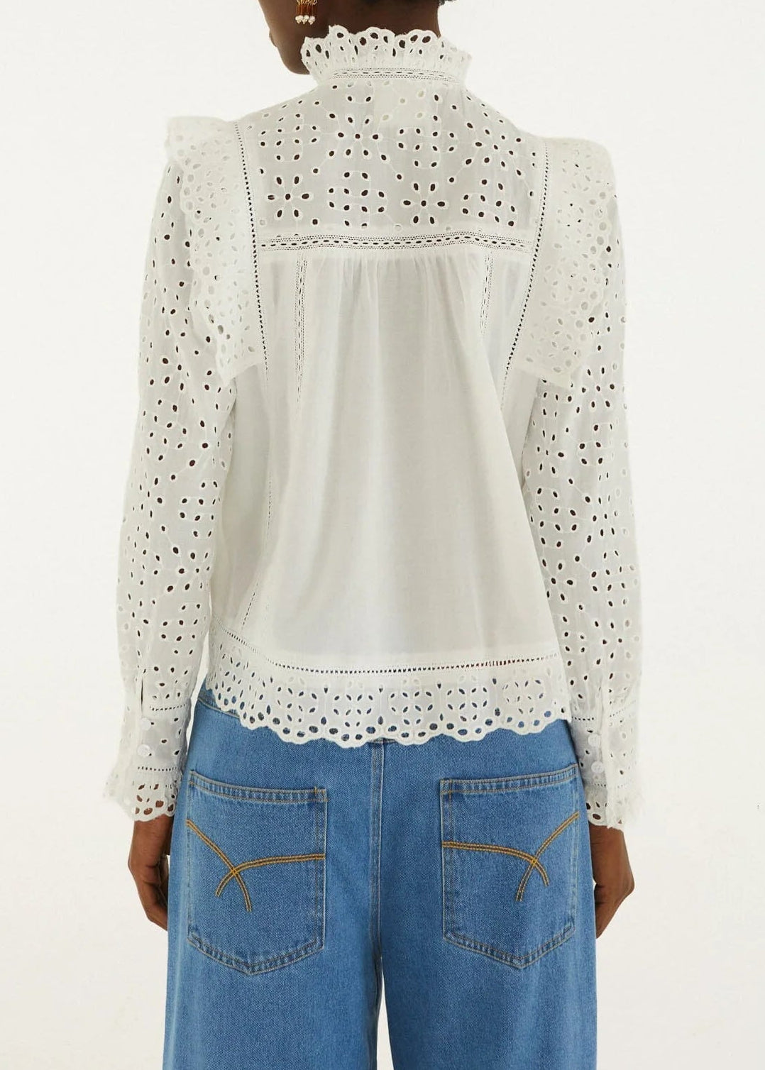FARM Rio Eyelet Long Sleeve Blouse | Off-White