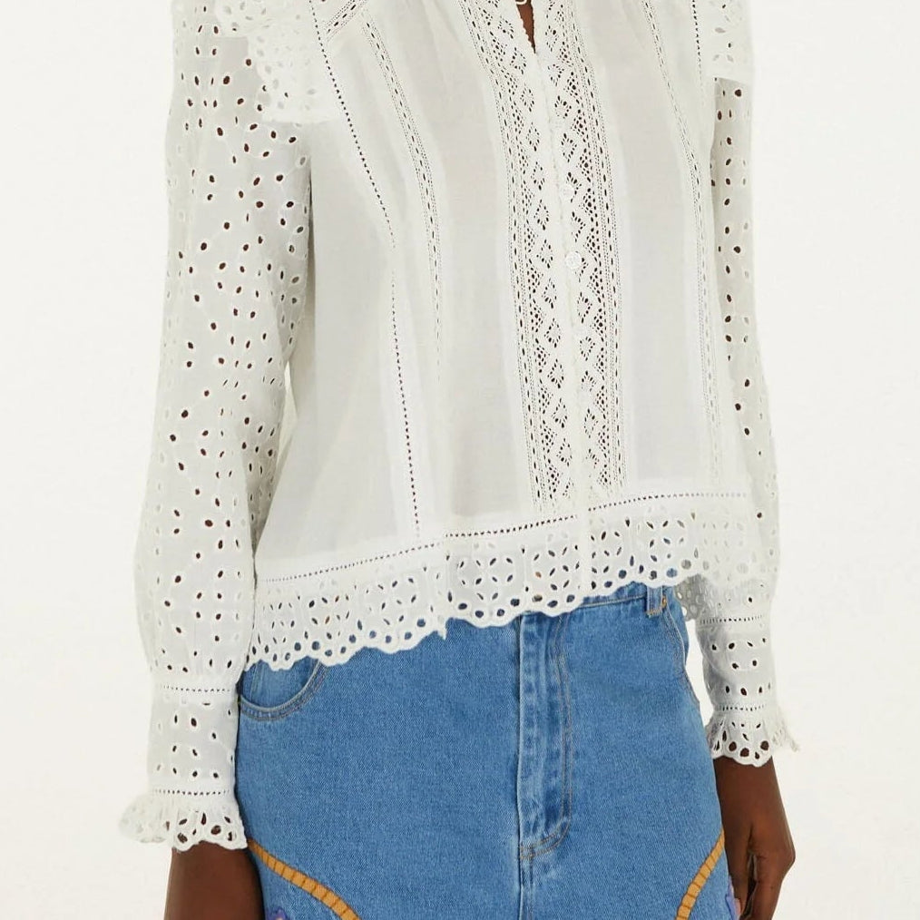 FARM Rio Eyelet Long Sleeve Blouse | Off-White