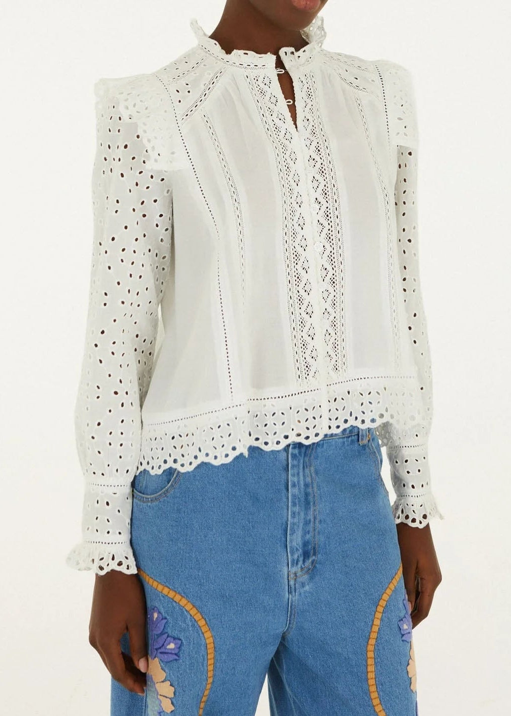 FARM Rio Eyelet Long Sleeve Blouse | Off-White