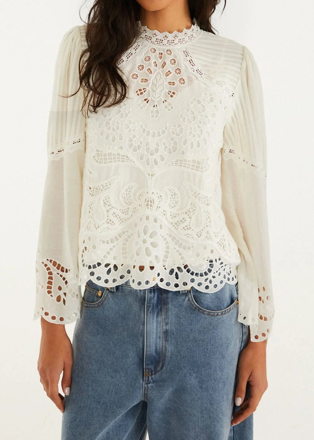 FARM Rio Richilieur Off-White Long Sleeve Blouse