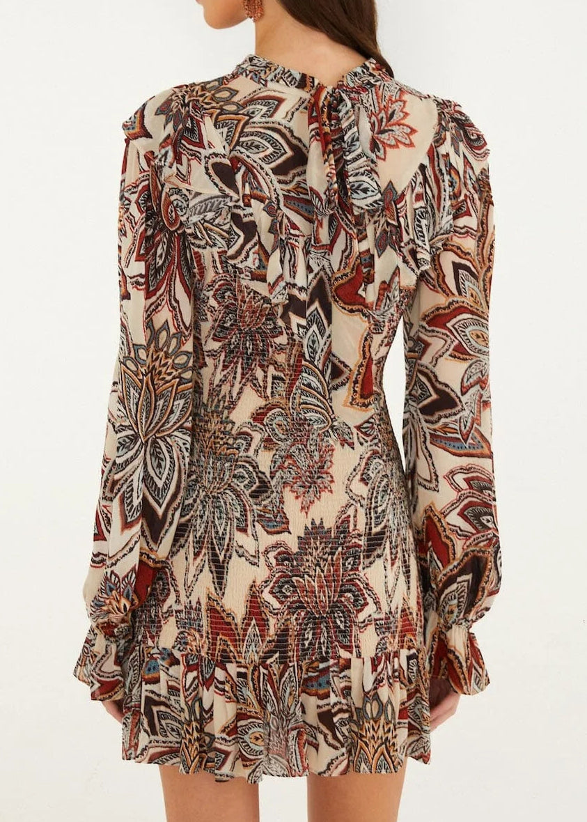 FARM Rio Tapestry Flowers Beige Long Sleeves Mini Dress