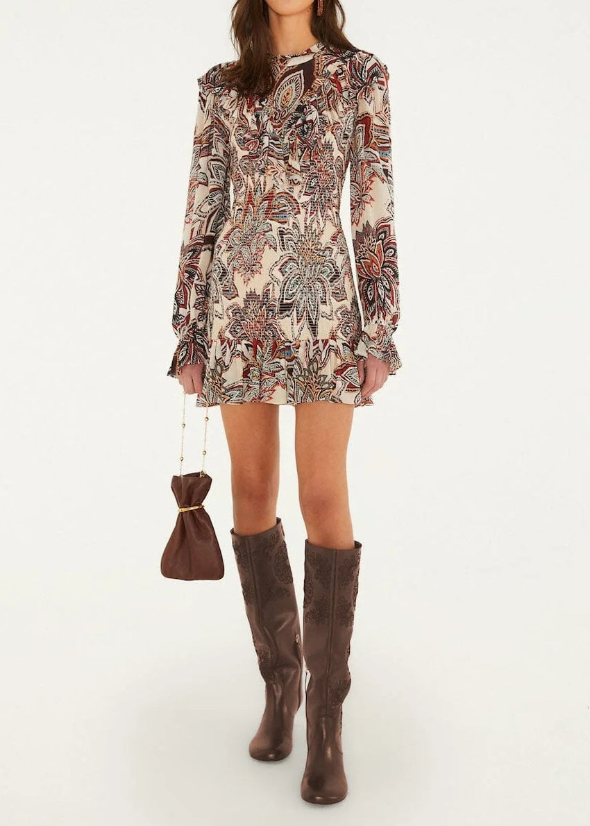 FARM Rio Tapestry Flowers Beige Long Sleeves Mini Dress