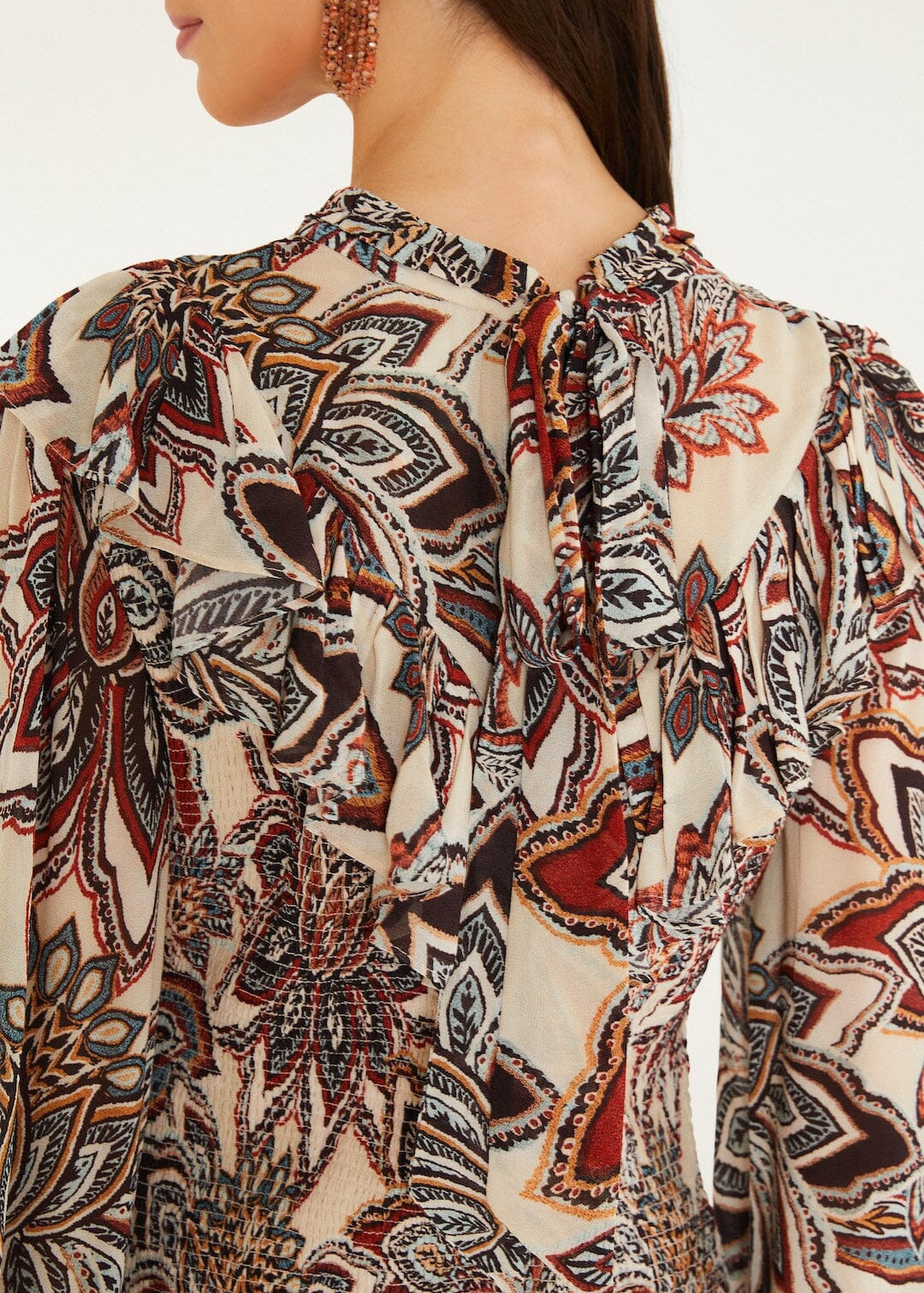 FARM Rio Tapestry Flowers Beige Long Sleeves Mini Dress