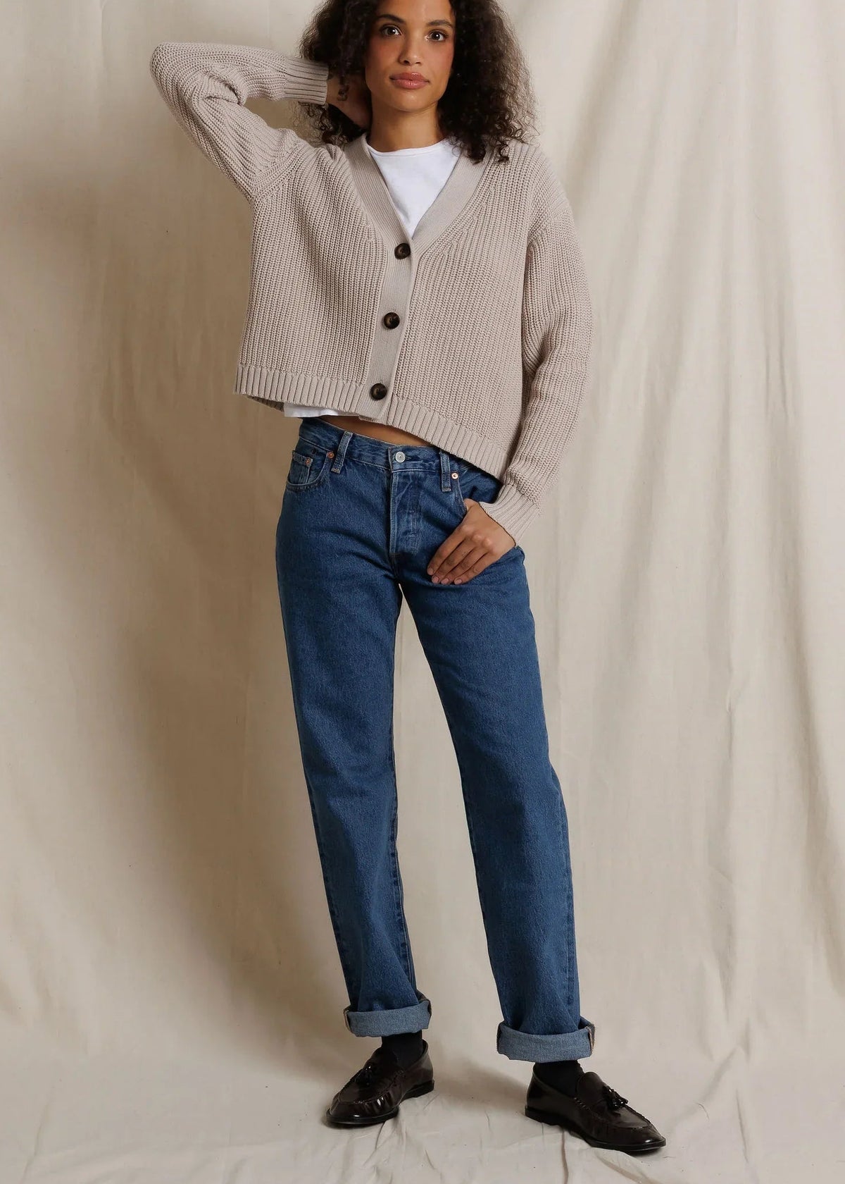 Perfect White Tee Greta 100% Cotton Rib V Neck Sweater | Oatmeal