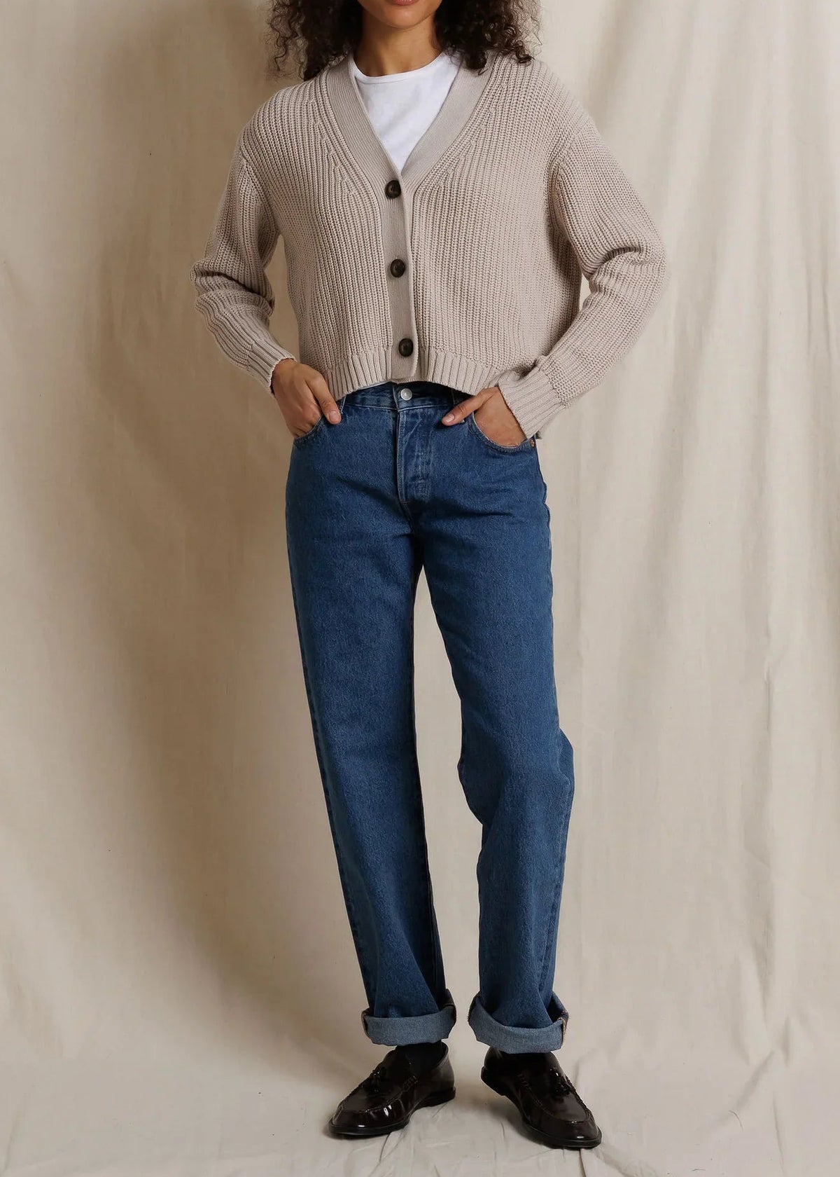 Perfect White Tee Greta 100% Cotton Rib V Neck Sweater | Oatmeal
