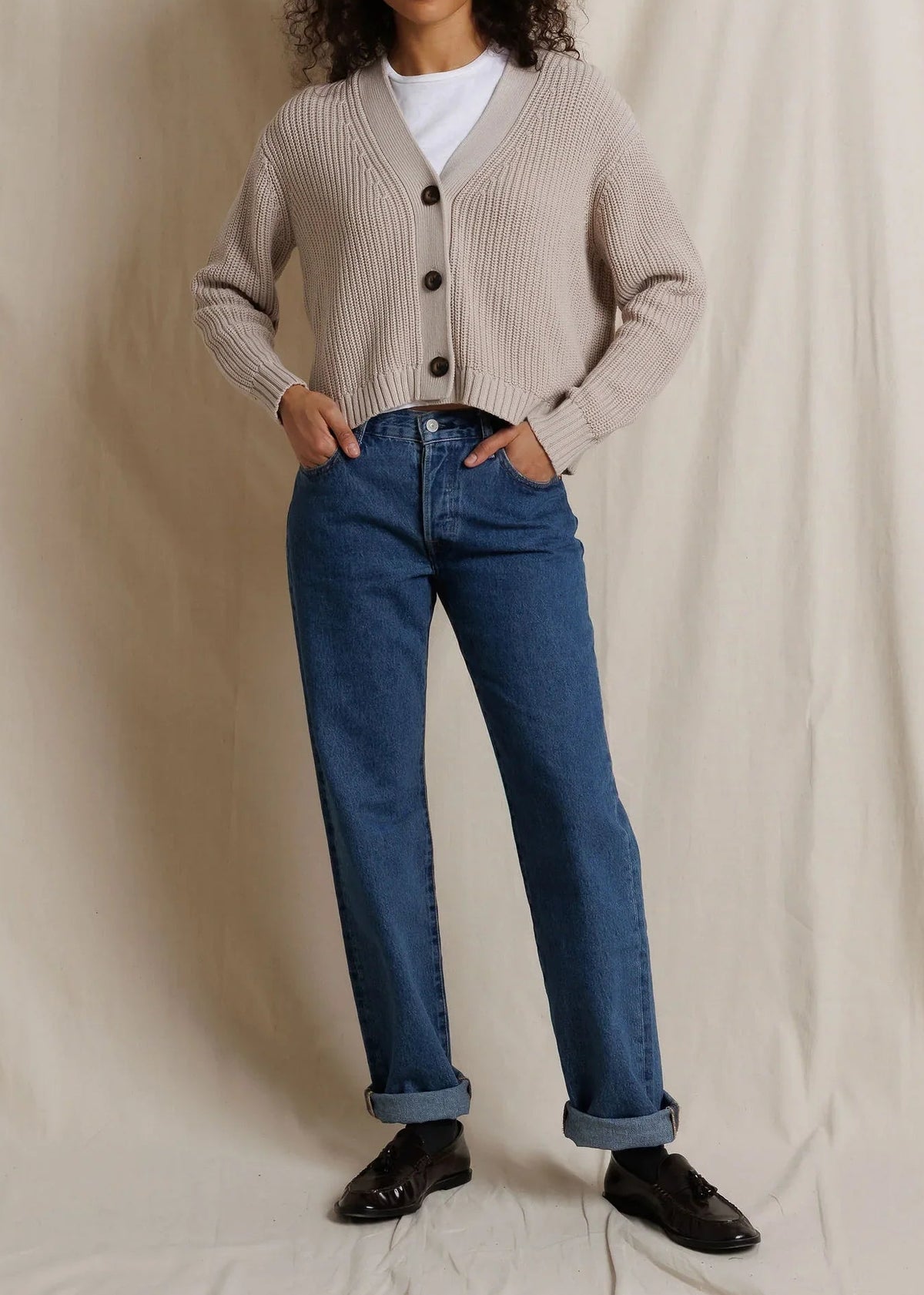 Perfect White Tee Greta 100% Cotton Rib V Neck Sweater | Oatmeal