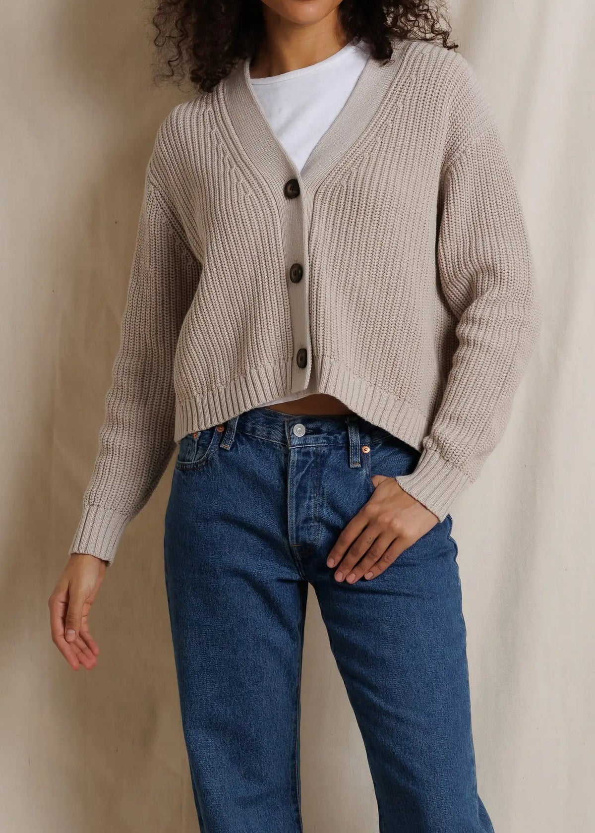 Perfect White Tee Greta 100% Cotton Rib V Neck Sweater | Oatmeal