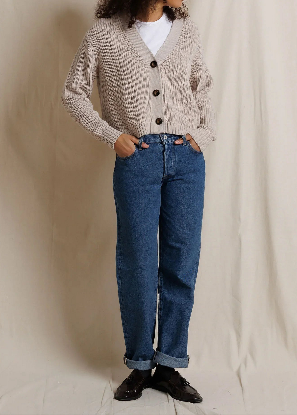 Perfect White Tee Greta 100% Cotton Rib V Neck Sweater | Oatmeal