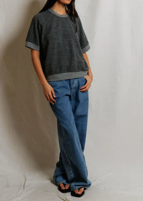 Perfect White Tee Kennedy Reverse Fleece Short Sleeve Crew Neck Sweatshirt | Dark Heather Grey