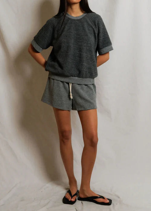 Perfect White Tee Kennedy Reverse Fleece Short Sleeve Crew Neck Sweatshirt | Dark Heather Grey