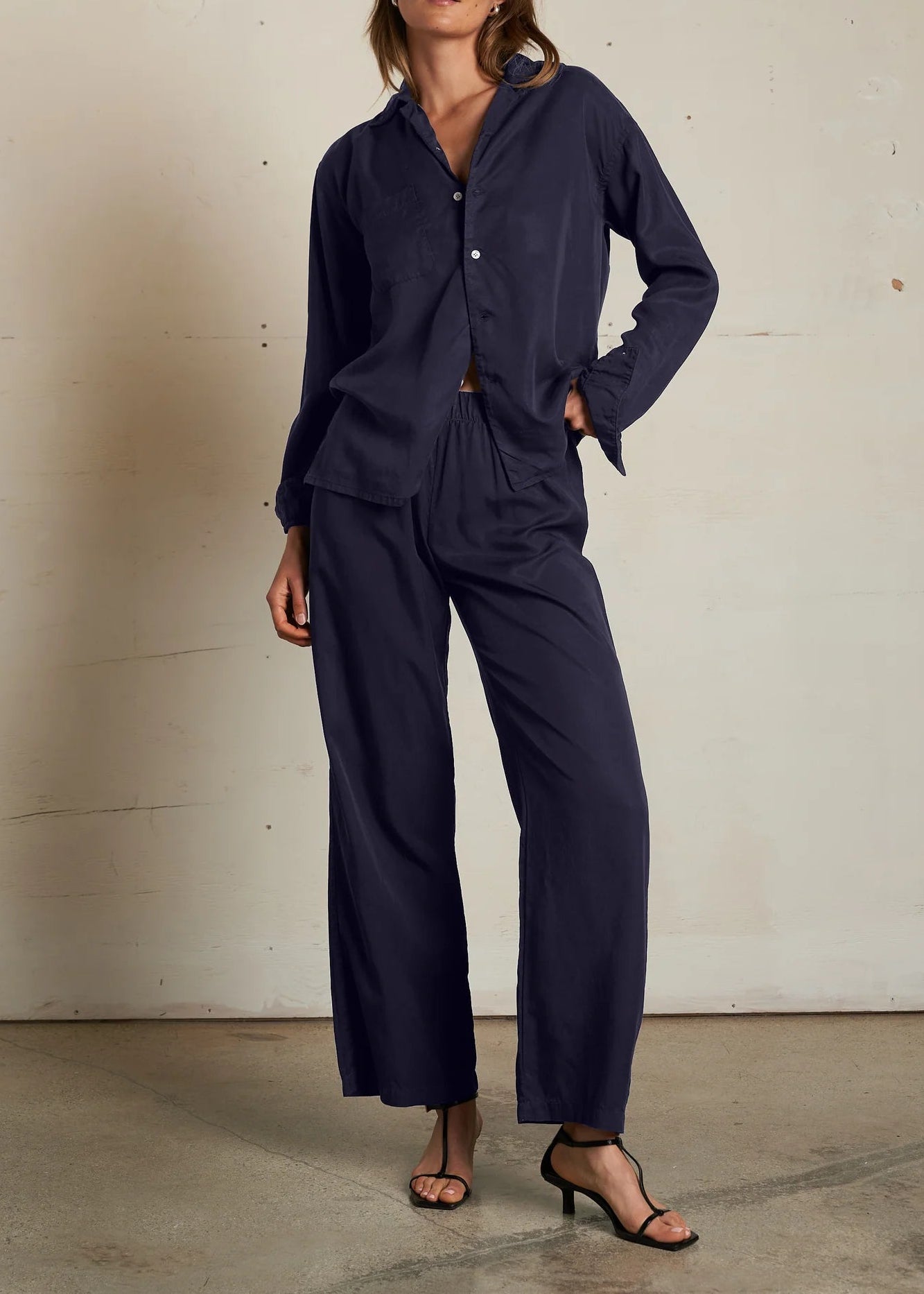 Perfect White Tee Melody Tencel Woven Long Sleeve Button Top | Navy