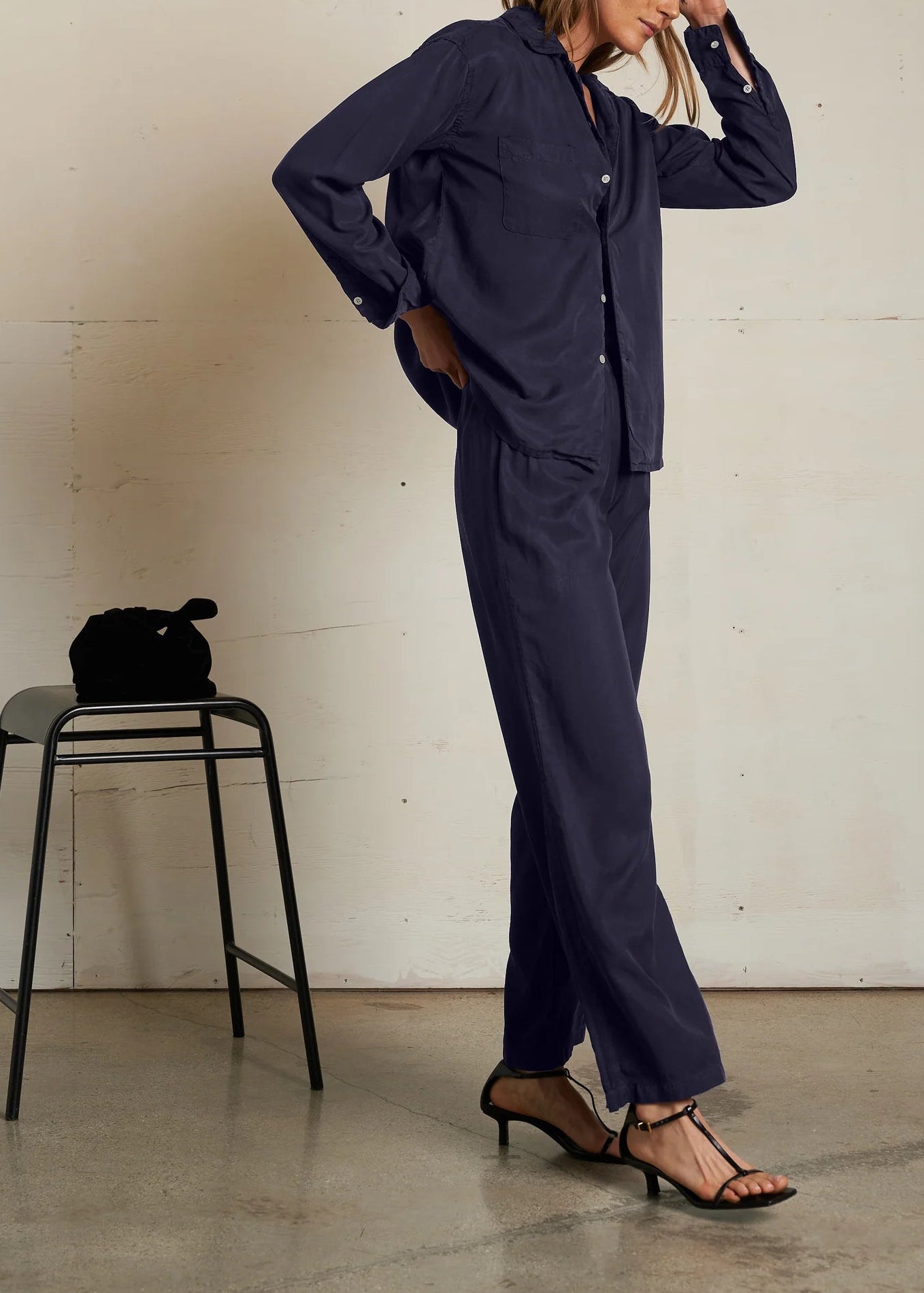 Perfect White Tee Melody Tencel Woven Long Sleeve Button Top | Navy