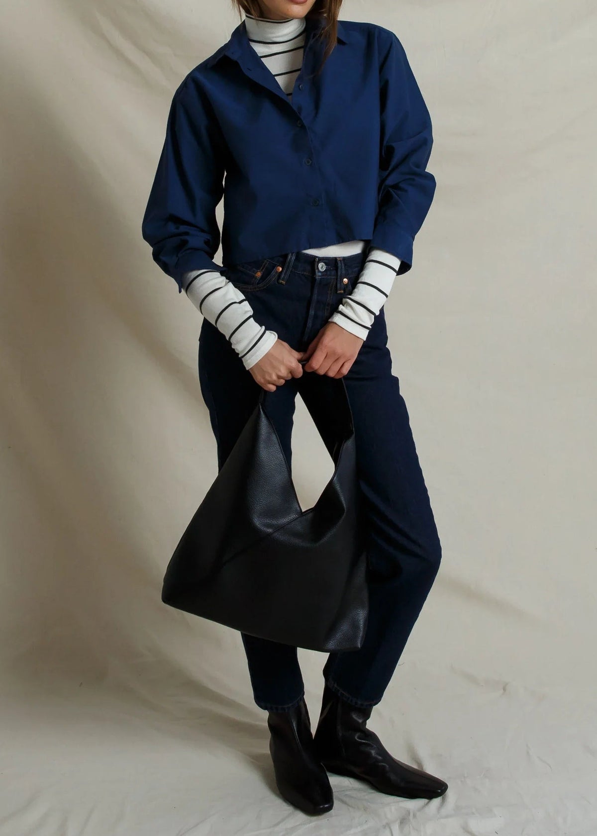 Perfect White Tee Naomi Poplin Long Sleeve Cropped Button Up | Navy