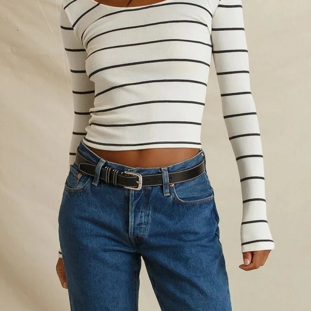 Perfect White Tee Penelope Micro Modal Cashmere Rib Scoop Neck Longsleeve | Natural Charcoal Stripe