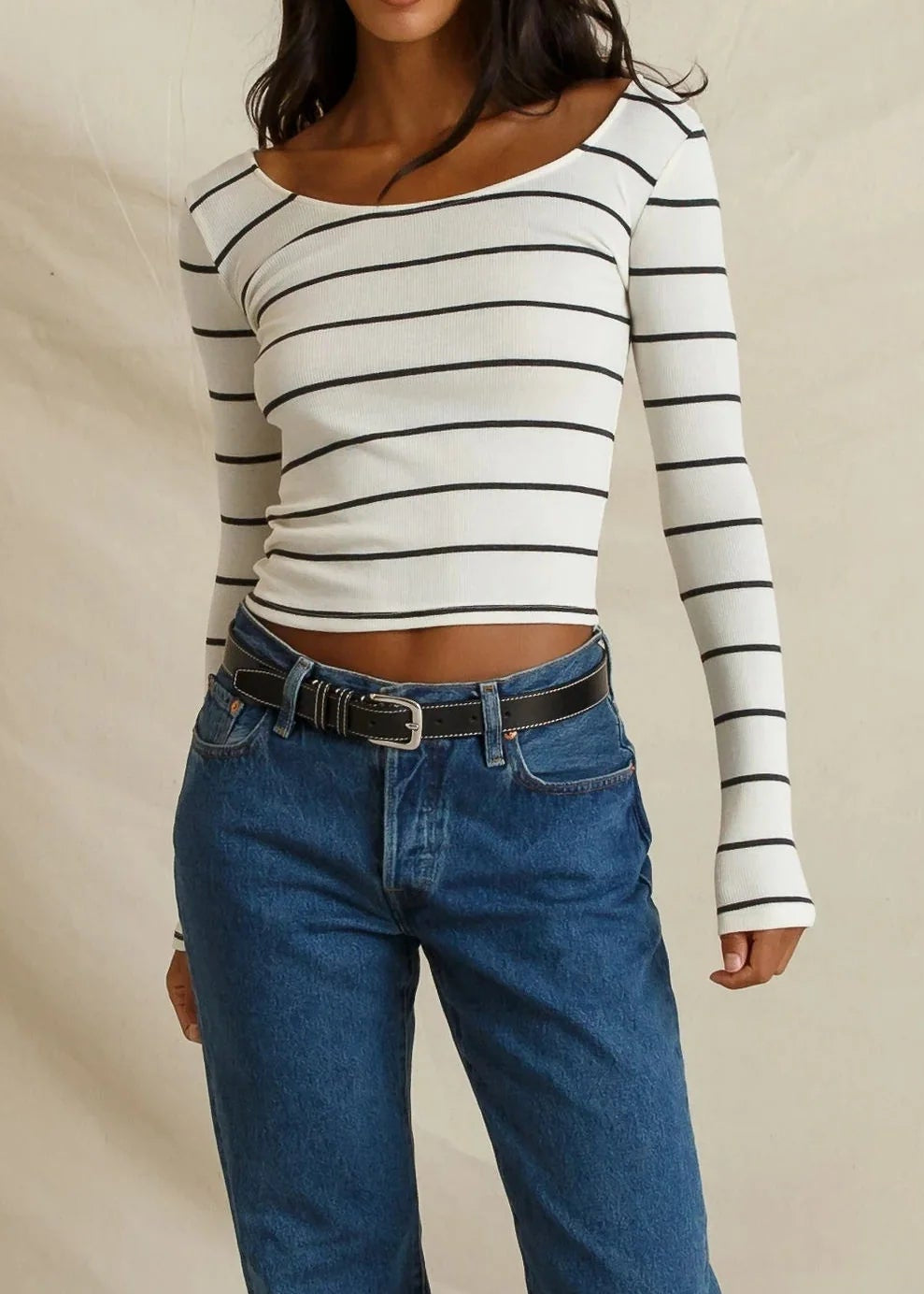 Perfect White Tee Penelope Micro Modal Cashmere Rib Scoop Neck Longsleeve | Natural Charcoal Stripe